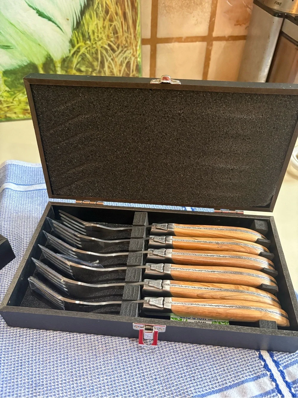 Laguiole Olive Wood Steak Knife & Fork Sets - Brown Wood Handles Set of 6 each